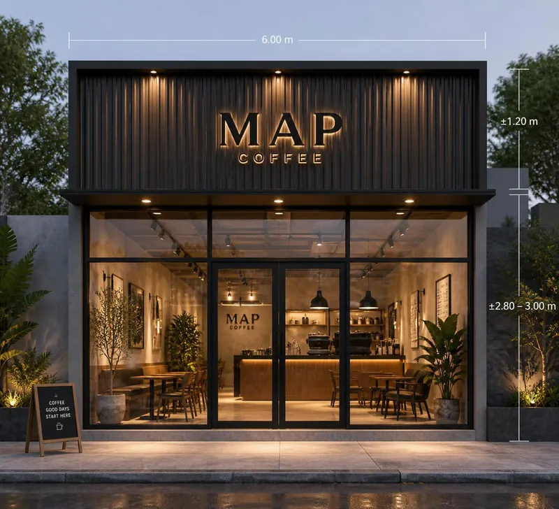 Desain dan pembangunan cafe industrial chic dengan area semi-outdoor.